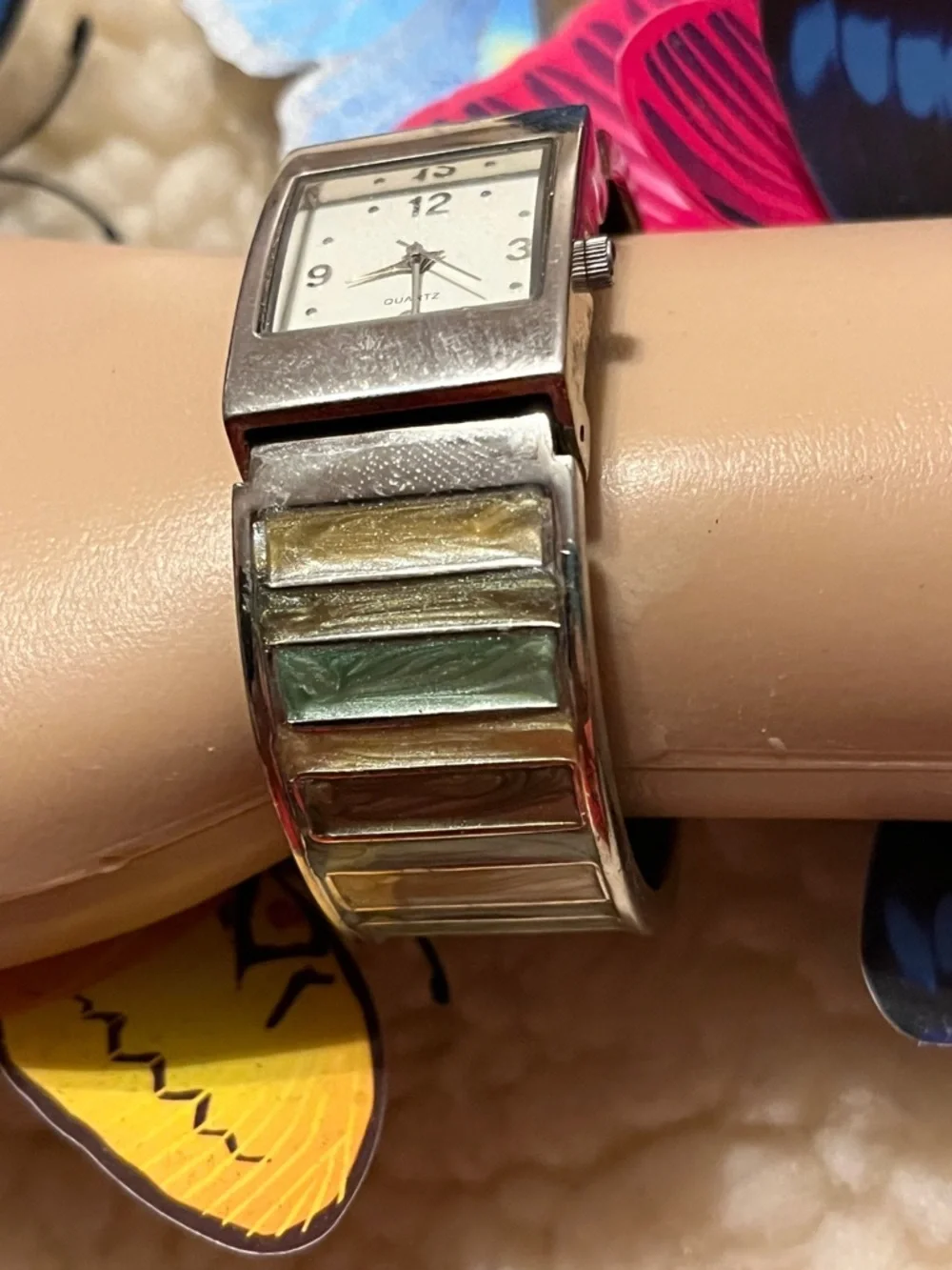 Silver Tone Women's Square Dial Watch with Blue Butterfly Accent